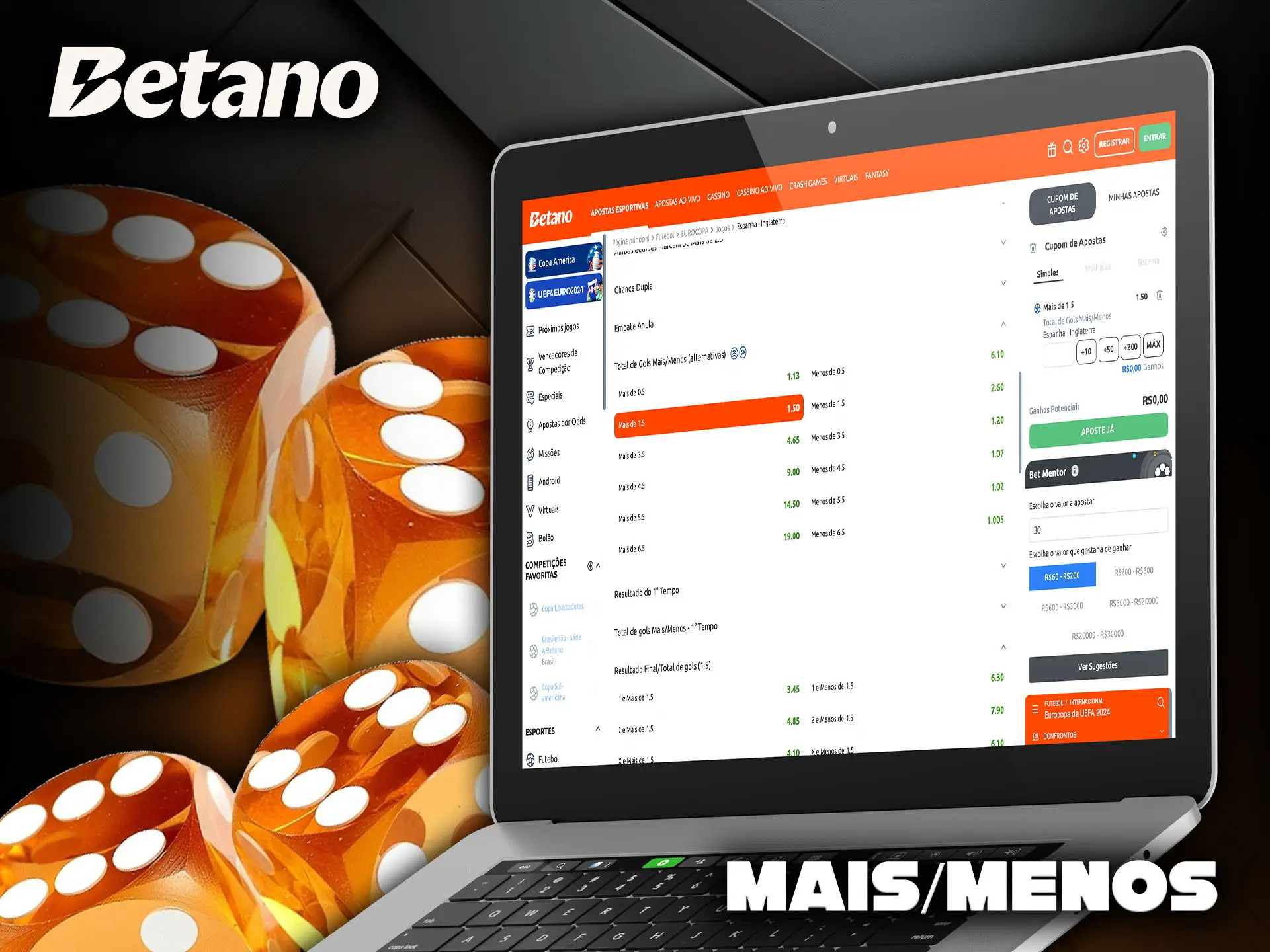 Tipo de aposta Mais/Menos para usuários da plataforma Betano.