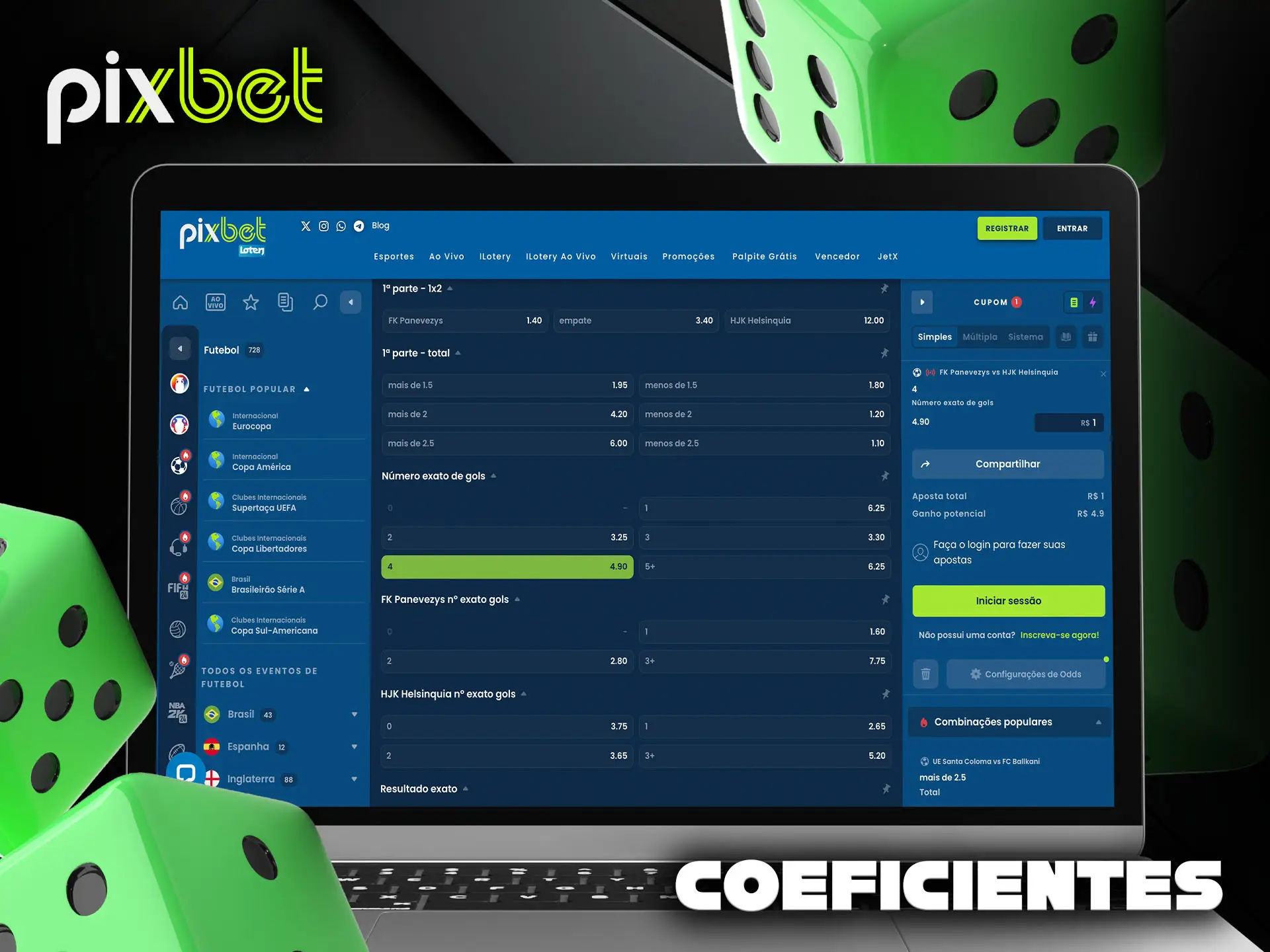 Diferentes tipos de coeficientes na plataforma PixBet.