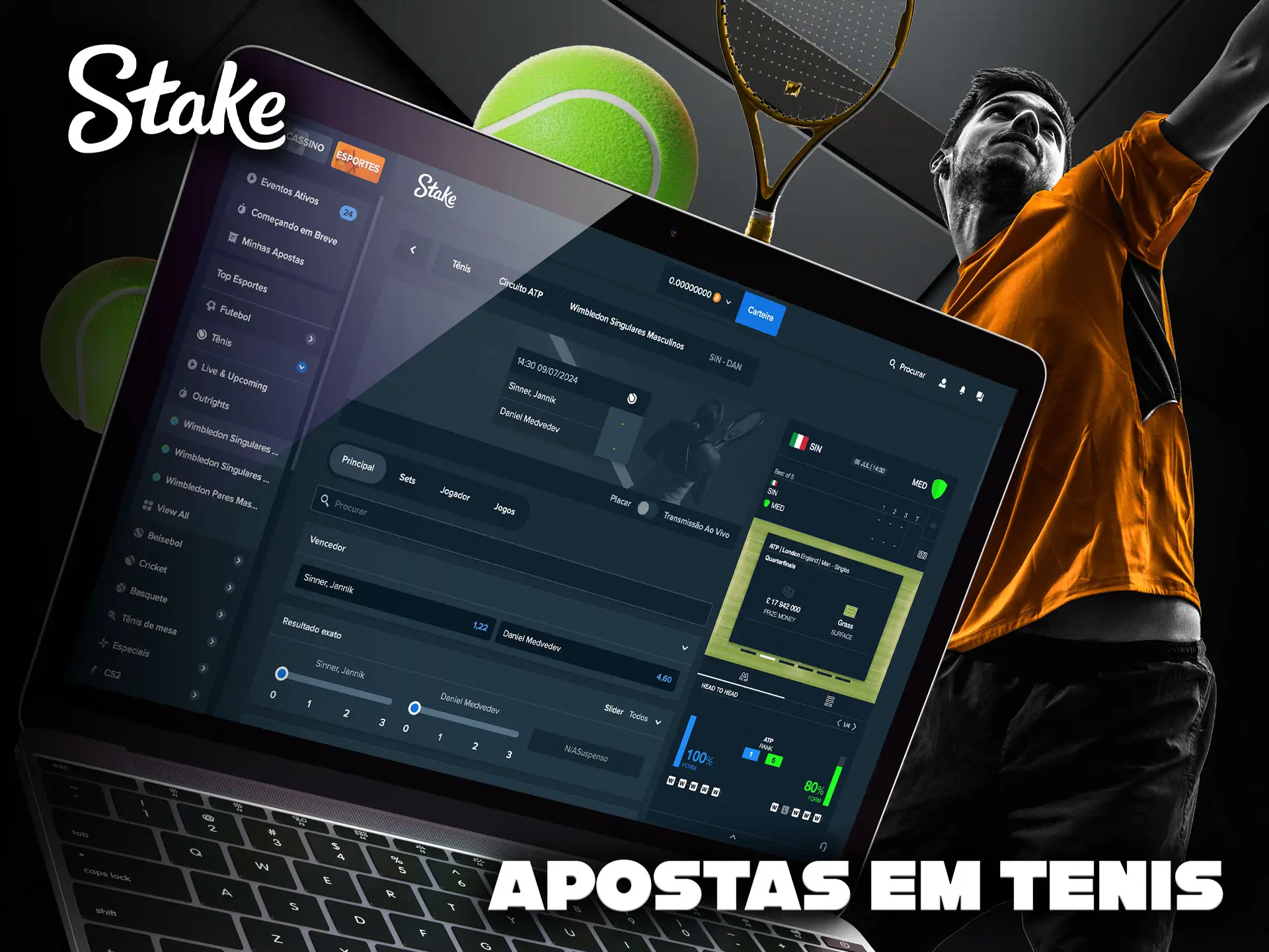 Faça suas apostas de tênis na plataforma Stake.